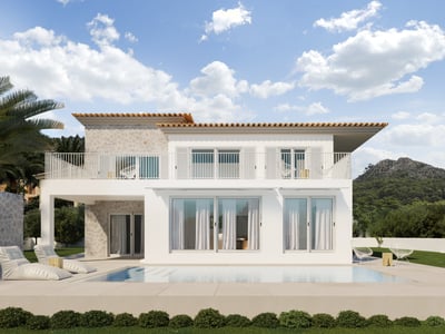 Modern white villa with a pool, stone wall accents, and scenic mountains under a blue sky.