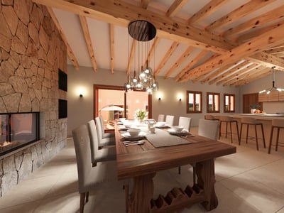 Spacious dining room featuring a massive wooden table, large stone fireplace, and exposed timber ceiling beams.