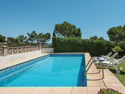A rectangular swimming pool with crystal blue water surrounded by green lawn, white sun loungers, and tall privacy hedges.
