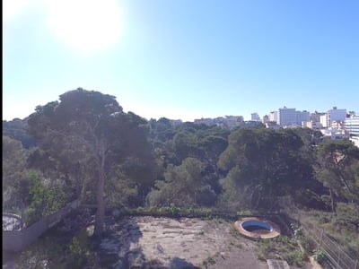 Erhöhte Ansicht eines Gartens mit kleinem runden Pool, großen Pinien und der Skyline der Stadt im Hintergrund.