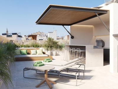 Exterior view of a modern villa with reflecting pool, large windows, and minimalist design. Lush landscaping and blue skies.