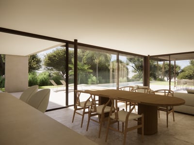 Modernt vardagsrum och matplats med stora glaspartier mot terrass, pool och trädgård.