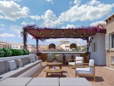Großzügige Holz-Dachterrasse mit grauen Sofas, Bougainvillea-Pergola und Essbereich im Freien mit Stadtblick.