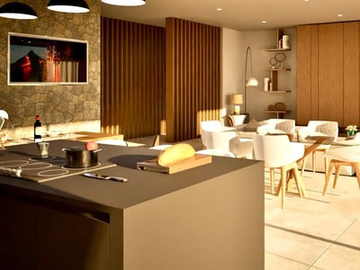 Elegante salón de planta abierta con paredes de listones de madera, chimenea moderna y muebles blancos bajo luz cálida.