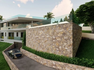 Exterior view of a modern villa with infinity pool, manicured garden, and large windows. Minimalist architecture.