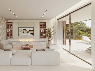 Modern bright living room with large white modular sofa, linear fireplace, and a natural stone accent wall.