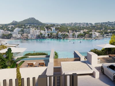 Modern white villa terrace with infinity pool and luxury car overlooking a turquoise bay and coastal hills.