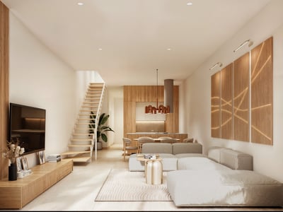 Modern living room with a large modular sofa, light wood staircase, and slatted wood wall panels in a bright interior.