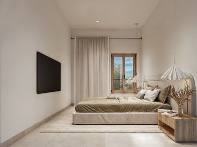 A minimalist bedroom with an upholstered bed, wooden side table, pendant lights, and natural light from a window.