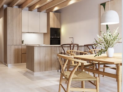 Modern kitchen featuring exposed wooden ceiling beams, a central island with stools, and an adjacent wooden dining table.