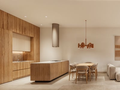 A spacious modern living area with a modular sofa, wooden dining set, and integrated kitchen in neutral tones.