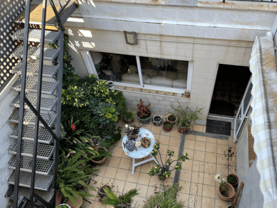 Draufsicht auf eine geflieste Terrasse mit Metalltreppe, zahlreichen Topfplanzen und einem kleinen weißen Tisch.