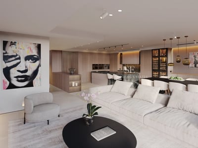 Modern interior with natural light: light wood floor, white walls, gray sofa, large window, coffee table, and minimalist decor.