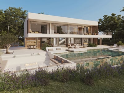 Modern white villa featuring a green stone infinity pool, sunken fire pit seating, and lush landscaping.
