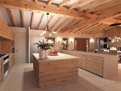 Spacious kitchen featuring exposed wood beams, light oak cabinetry, and a large central island.