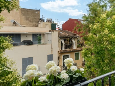 Vista desde un balcón con barandilla de hierro y flores blancas hacia edificios mediterráneos y árboles frondosos.