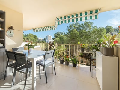 Un balcón soleado con una mesa de comedor blanca, sillas oscuras, muchas plantas en macetas y toldos de rayas verdes.