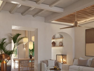 Elegant living room with white sofas, wooden beams, a glass fireplace, and an arched niche with decorative vases.