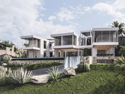 Modern vit villa med utkragade rum och en infinitypool med vattenfall som rinner ner i en lummig trädgård.