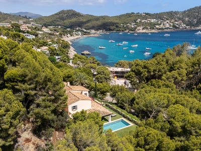 Flygfoto över en villa med takpannor och privat pool omgiven av tät tallskog intill havet.