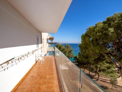 Balcón largo con barandilla de cristal y suelo de terracota frente al mar azul y pinos verdes.