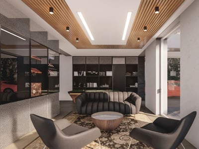 Modernt spelrum med biljardbord, mörk skinnsoffa, ribbat träinnertak och vinkyl i glas.