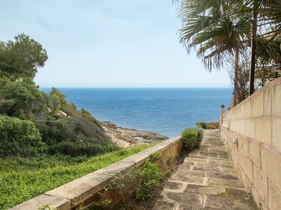 A stone pathway between a wall and greenery leads directly towards a vast, blue ocean.