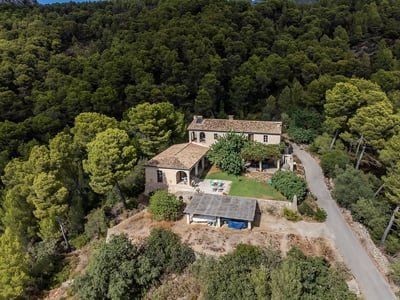 Bird's eye view of a rustic villa with terracotta roofs surrounded by a dense green pine forest on a hillside.