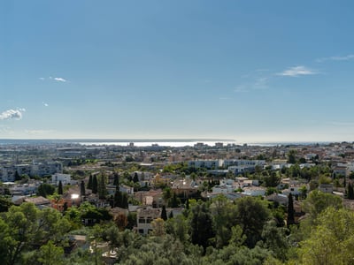 Vista panorámica desde las alturas de una ciudad mediterránea con árboles verdes y el mar en el horizonte.