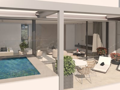 Terraza moderna con piscina de inmersión, tumbonas y muebles de diseño frente a grandes ventanales.