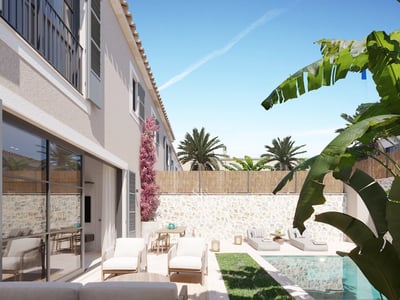 Außenansicht einer modernen Villa mit Pool, großem Garten und minimalistischer Architektur. Warme Beleuchtung und elegantes Design.