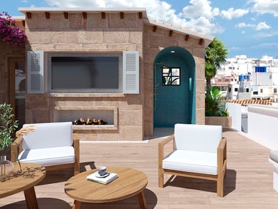 Dachterrasse mit Holzdeck, Steinwand, Außenkamin, TV, türkisfarbener Dusche und Stadtblick.