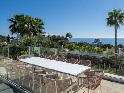 A spacious outdoor terrace with a large white table, stylish chairs, and a glass railing overlooking the sea and palm trees.