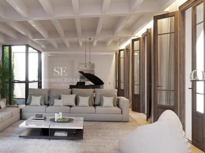 Exterior view of modern villa with pool, large garden, and minimalist architecture. Warm ambient lighting.