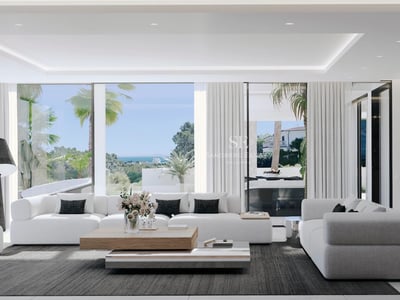 Ansicht einer modernen Villa mit Infinity-Pool, umgeben von Gärten und großen Terrassen. Minimalistisches Design und luxuriöse Ausstattung.