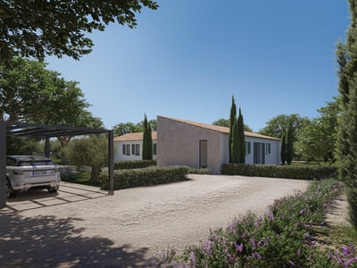 Modern medelhavsvilla med stenaccenter, en anlagd grusuppfart och en lyx-SUV under en svart pergola.