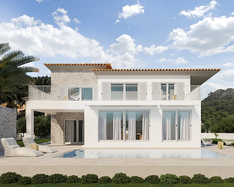 Modern white villa with a pool, stone wall accents, and scenic mountains under a blue sky.