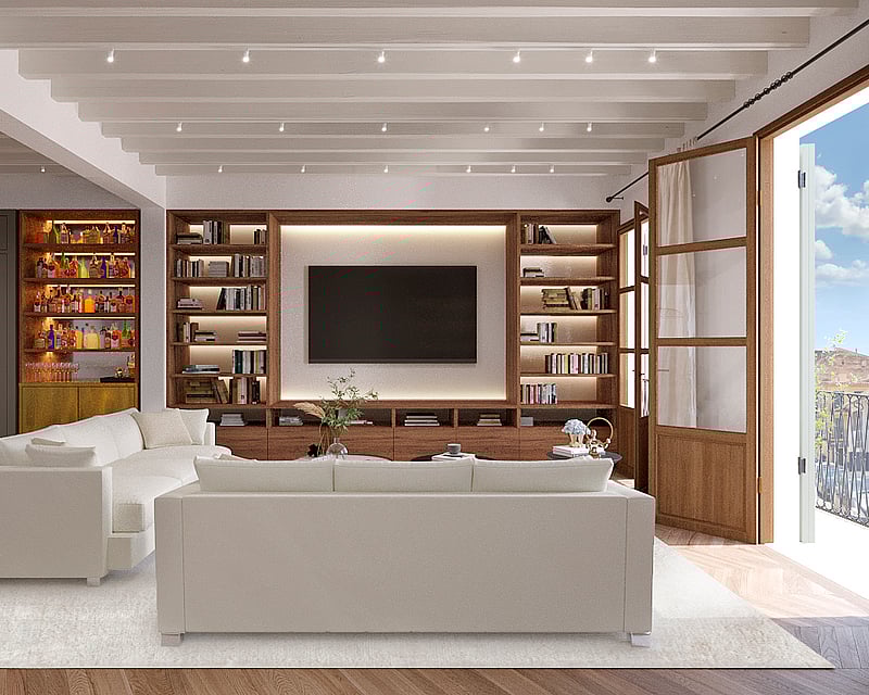 Modern living room featuring white sofas, a large wooden built-in library with TV, a home bar, and white beamed ceilings.