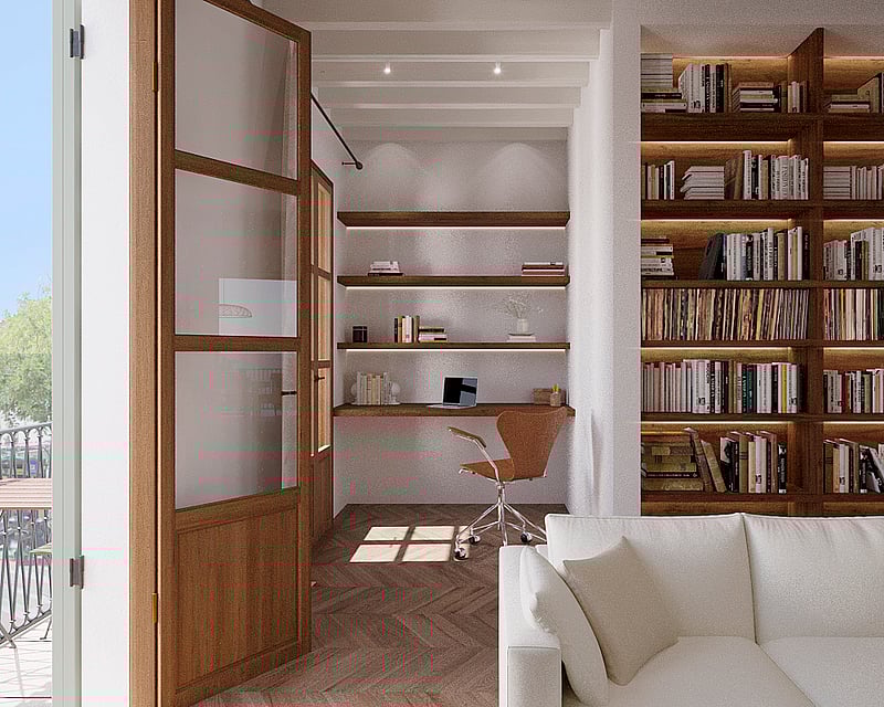 Modern home office nook featuring a wooden desk, floating shelves, and a large built-in bookshelf next to a white sofa.