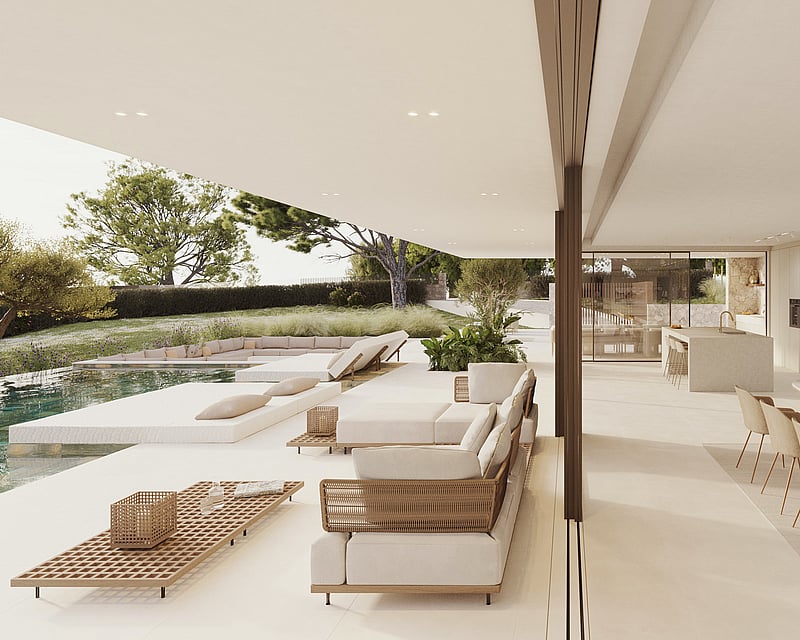 Modern luxury terrace with white lounge furniture and a pool next to an open-plan indoor dining area.