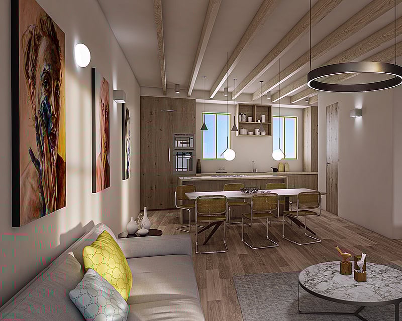 Contemporary living room featuring exposed wood ceiling beams, a marble coffee table, and a stone feature wall.