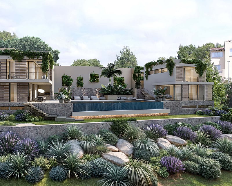 Front exterior view of a multi-level modern villa with floor-to-ceiling windows, stone walls, and a large infinity pool.