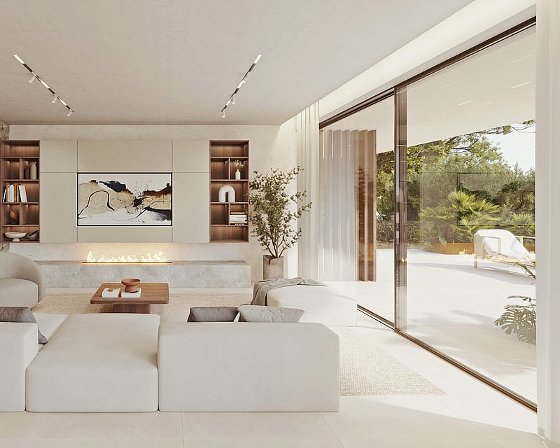 Modern bright living room with large white modular sofa, linear fireplace, and a natural stone accent wall.