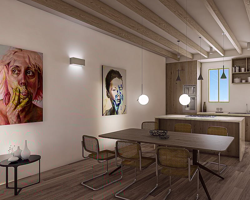 Modern kitchen with wooden ceiling beams, marble island, wood cabinetry, and a dining table with rattan chairs.