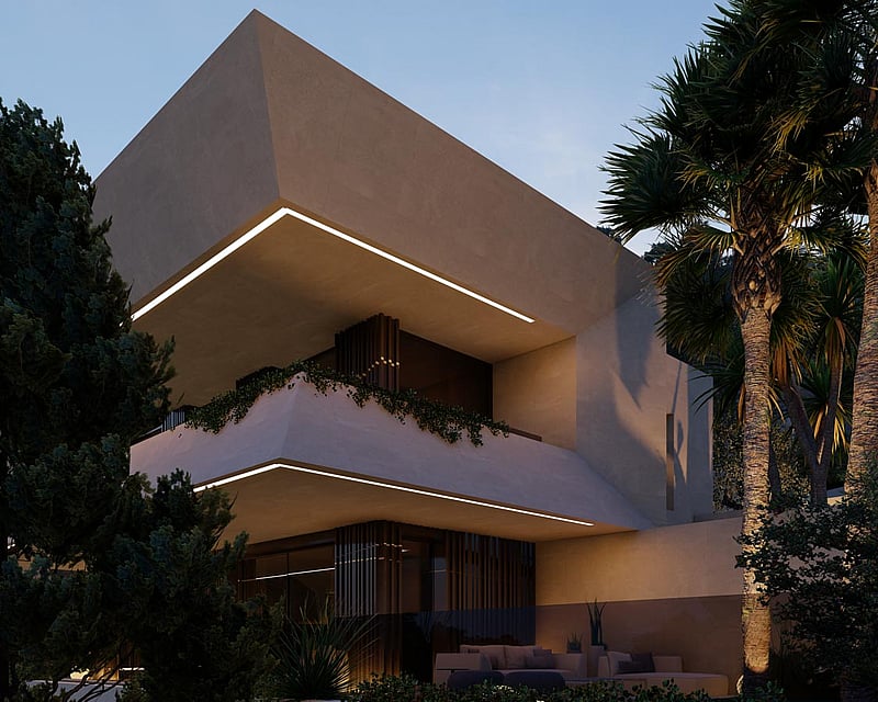 Dusk shot of a multi-level contemporary villa with geometric concrete balconies and integrated warm LED lighting.