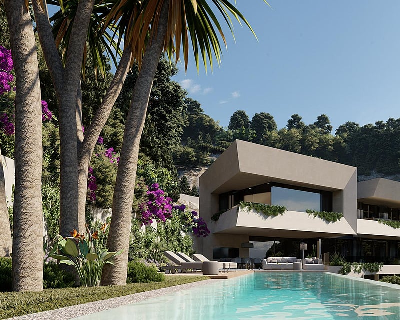 Luxury contemporary villa with infinity pool, cantilevered architecture, palm trees and bougainvillea.