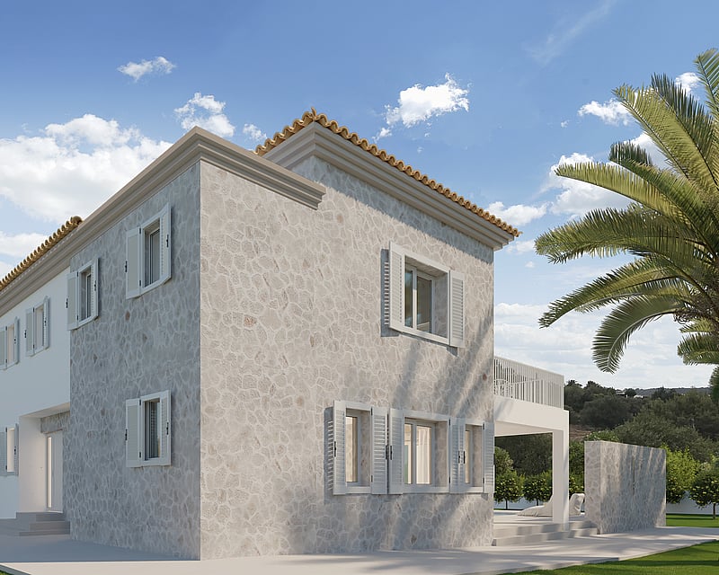 Two-story stone villa with white shutters and terracotta roof next to palm trees under a blue sky.