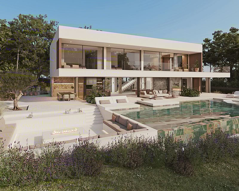 Modern white villa featuring a green stone infinity pool, sunken fire pit seating, and lush landscaping.
