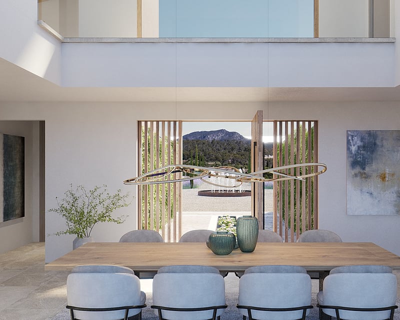 Modern dining area featuring a large oak table, sculptural lighting, and floor-to-ceiling views of a mountain landscape.