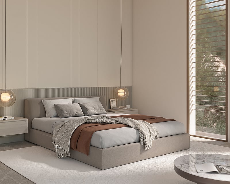 Minimalist master bedroom with a large bed, floating nightstands, globe pendant lights, and a textured slatted accent wall.